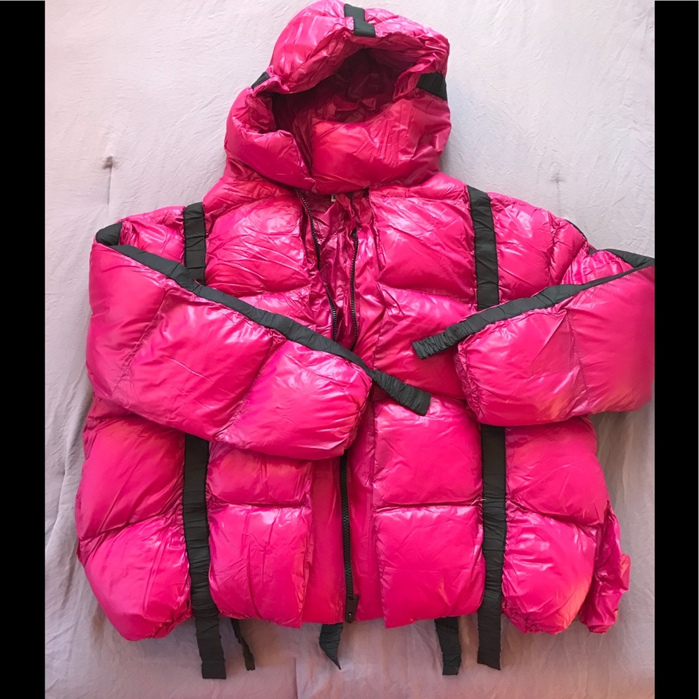 Pink puffer, warm, comfortable and stylish.